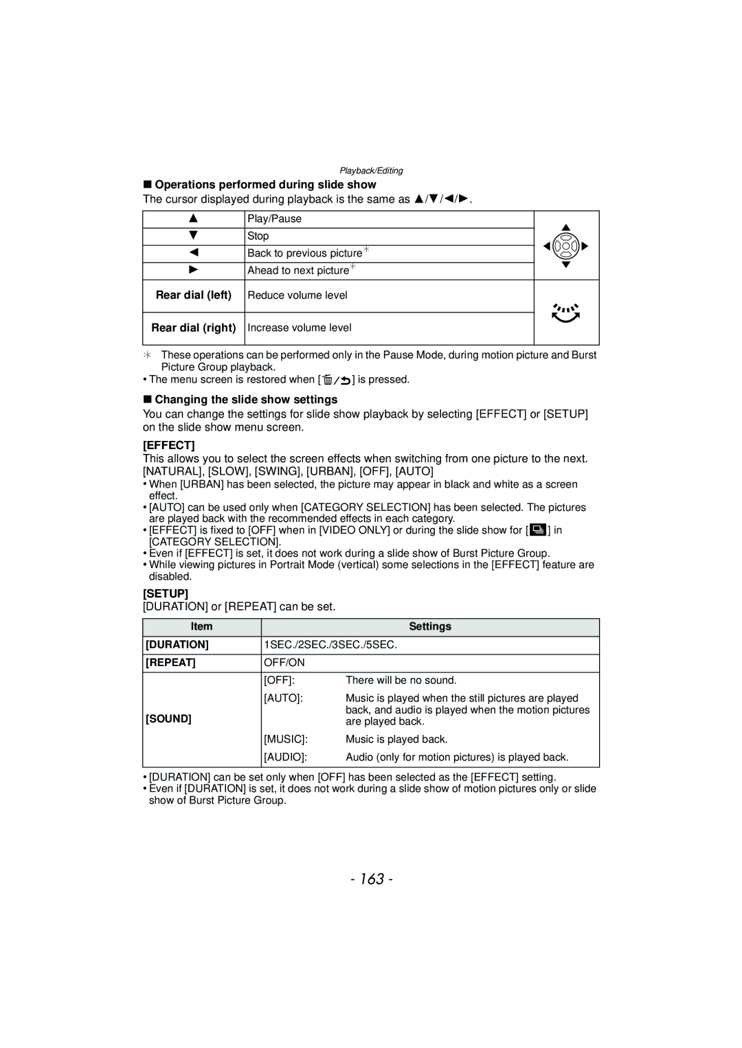 Panasonic DMCGX1XS, DMC-GX1 163, Operations performed during slide show, Changing the slide show settings, Effect, Setup 