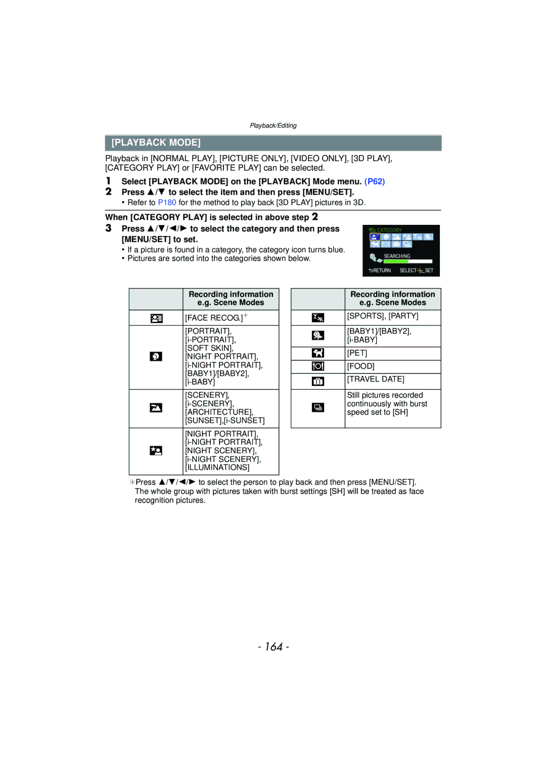 Panasonic DMC-GX1, DMCGX1SBODY, DMCGX1KBODY, DMCGX1XS owner manual 164, Playback Mode, Recording information Scene Modes 