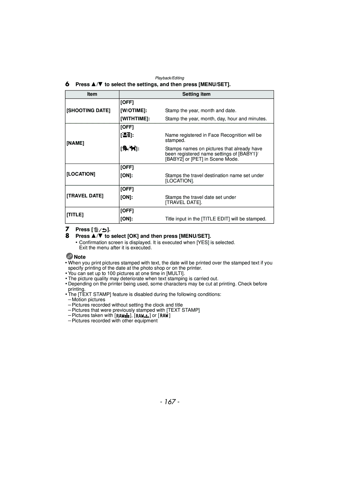 Panasonic DMCGX1XS, DMC-GX1, DMCGX1SBODY, DMCGX1KBODY 167, Press 3/4 to select the settings, and then press MENU/SET 