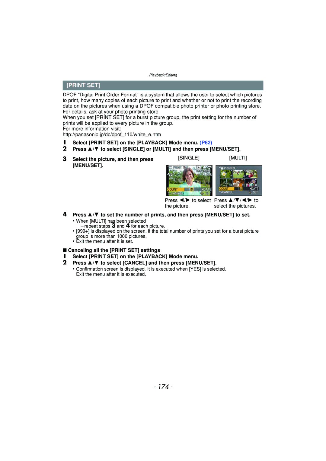 Panasonic DMCGX1KBODY, DMC-GX1 174, Print SET, Single Multi MENU/SET, Press 2/1 to select Press 3/4/2/1 to Picture 