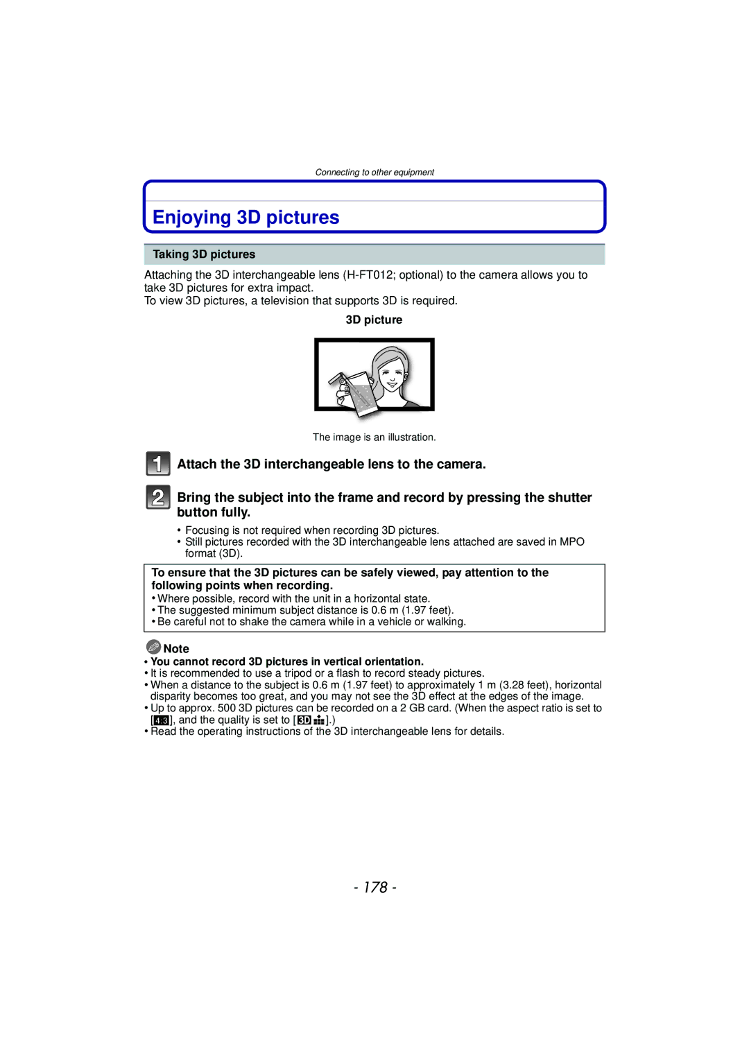 Panasonic DMCGX1KBODY Enjoying 3D pictures, 178, Taking 3D pictures, You cannot record 3D pictures in vertical orientation 