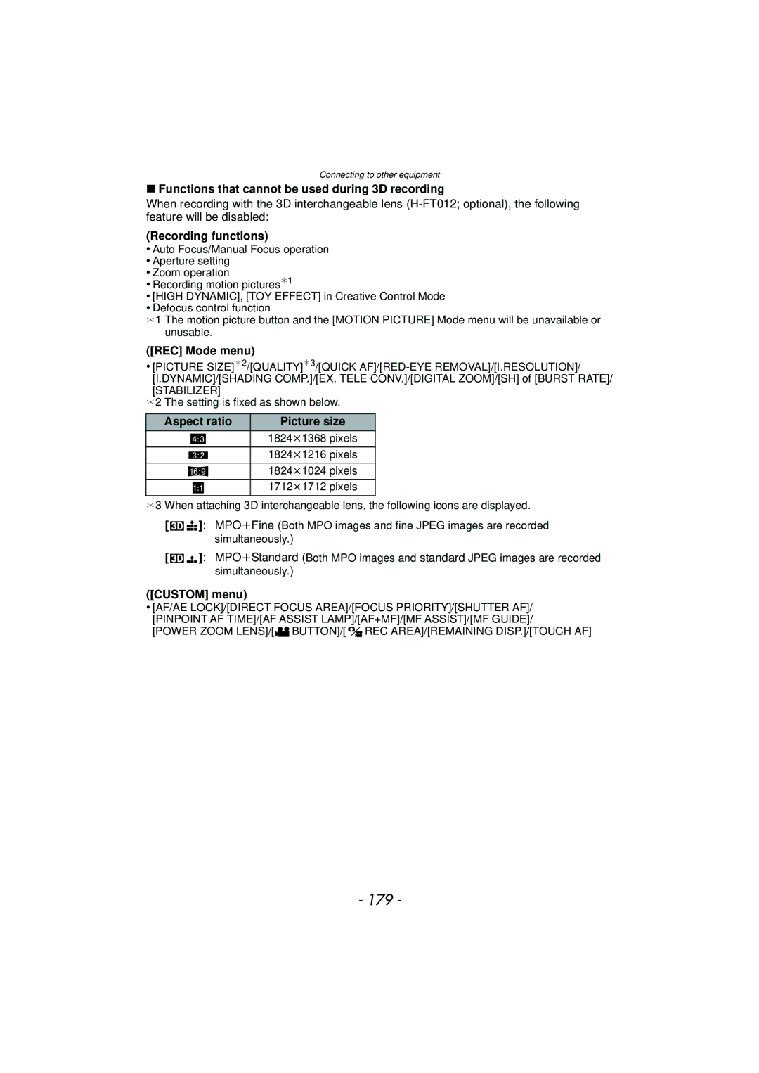 Panasonic DMCGX1XS 179, Functions that cannot be used during 3D recording, REC Mode menu, Aspect ratio Picture size 