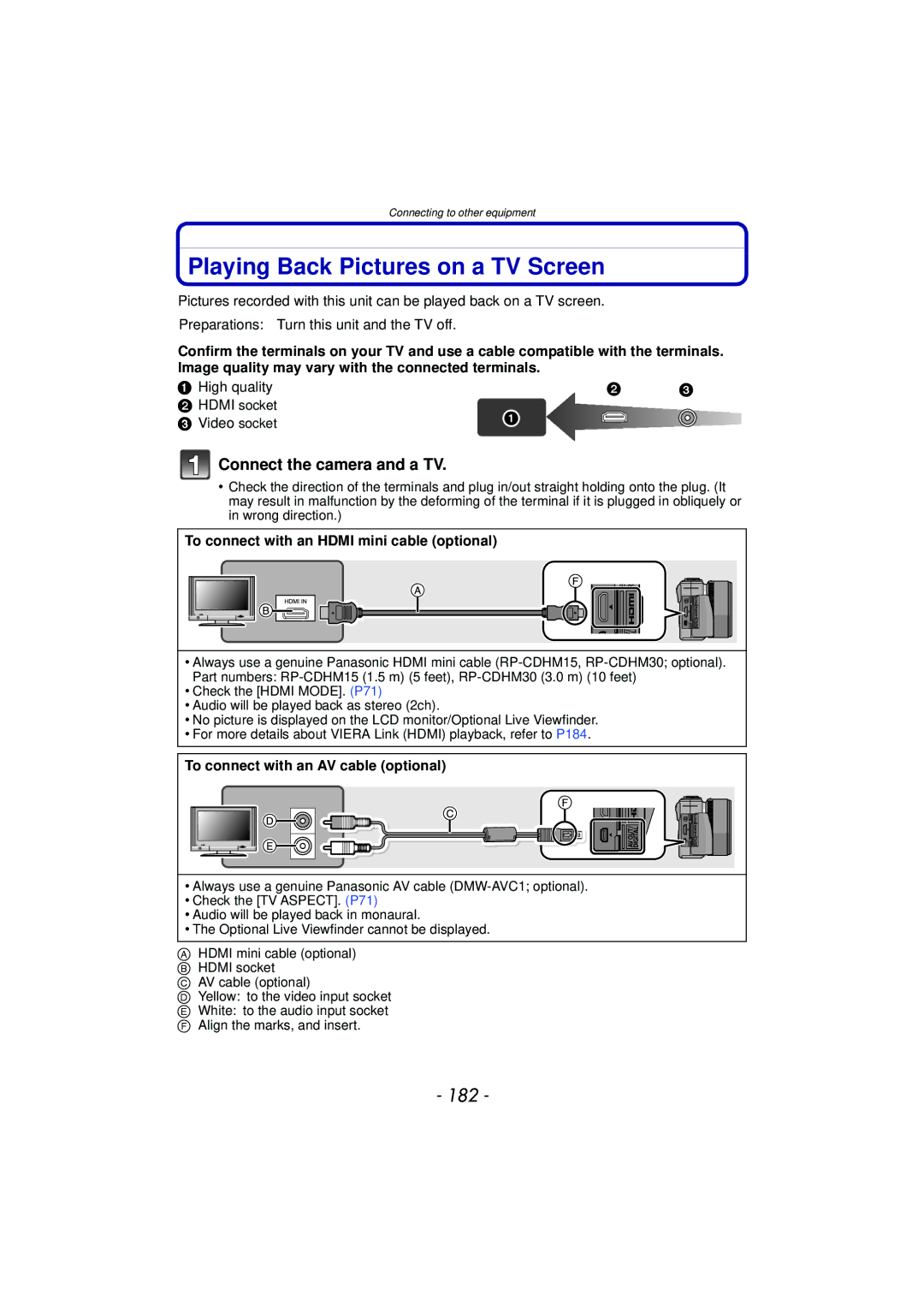 Panasonic DMCGX1KBODY, DMC-GX1, DMCGX1SBODY, DMCGX1XS Playing Back Pictures on a TV Screen, 182, Connect the camera and a TV 