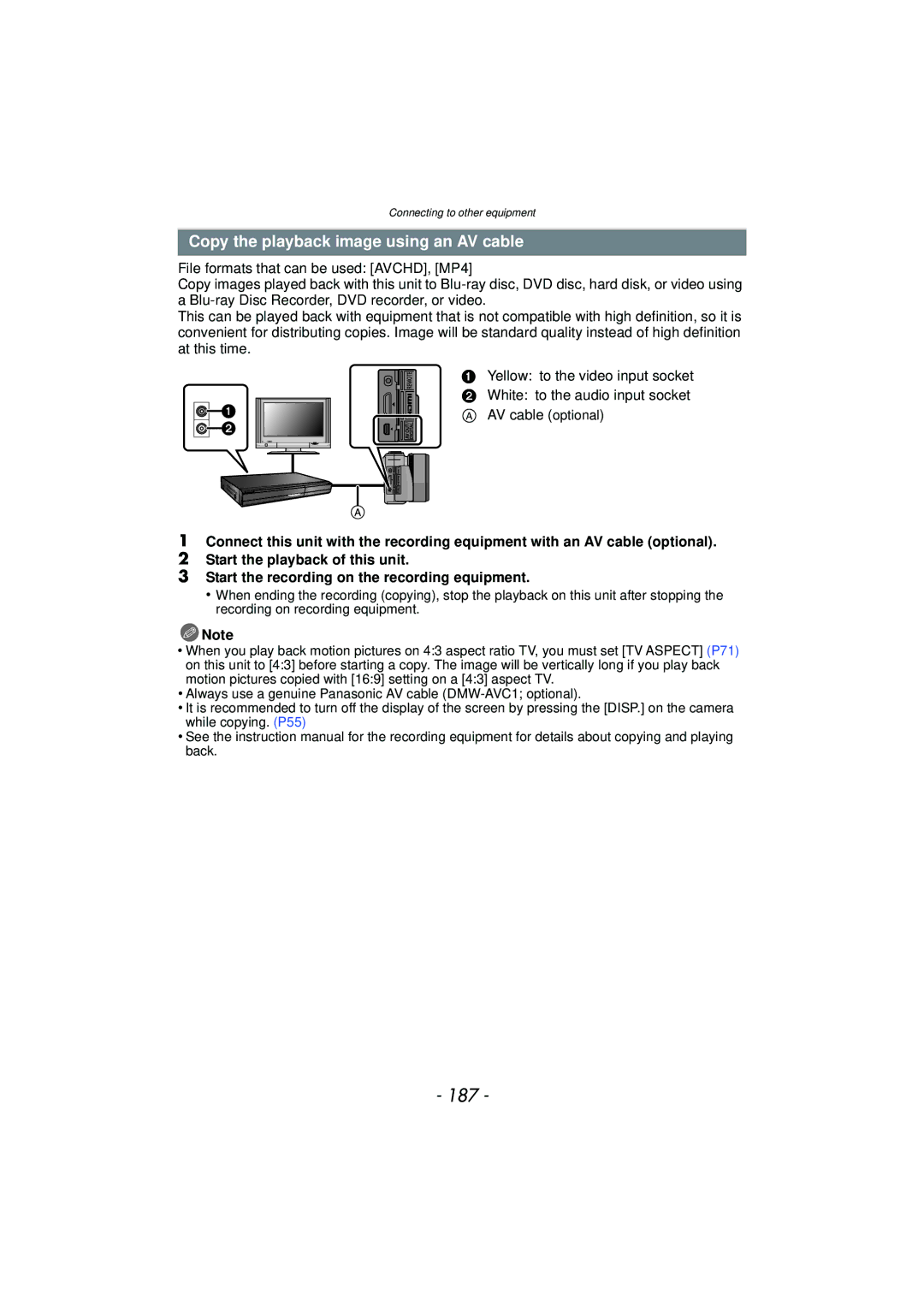 Panasonic DMCGX1XS, DMC-GX1, DMCGX1SBODY, DMCGX1KBODY owner manual 187, Copy the playback image using an AV cable 