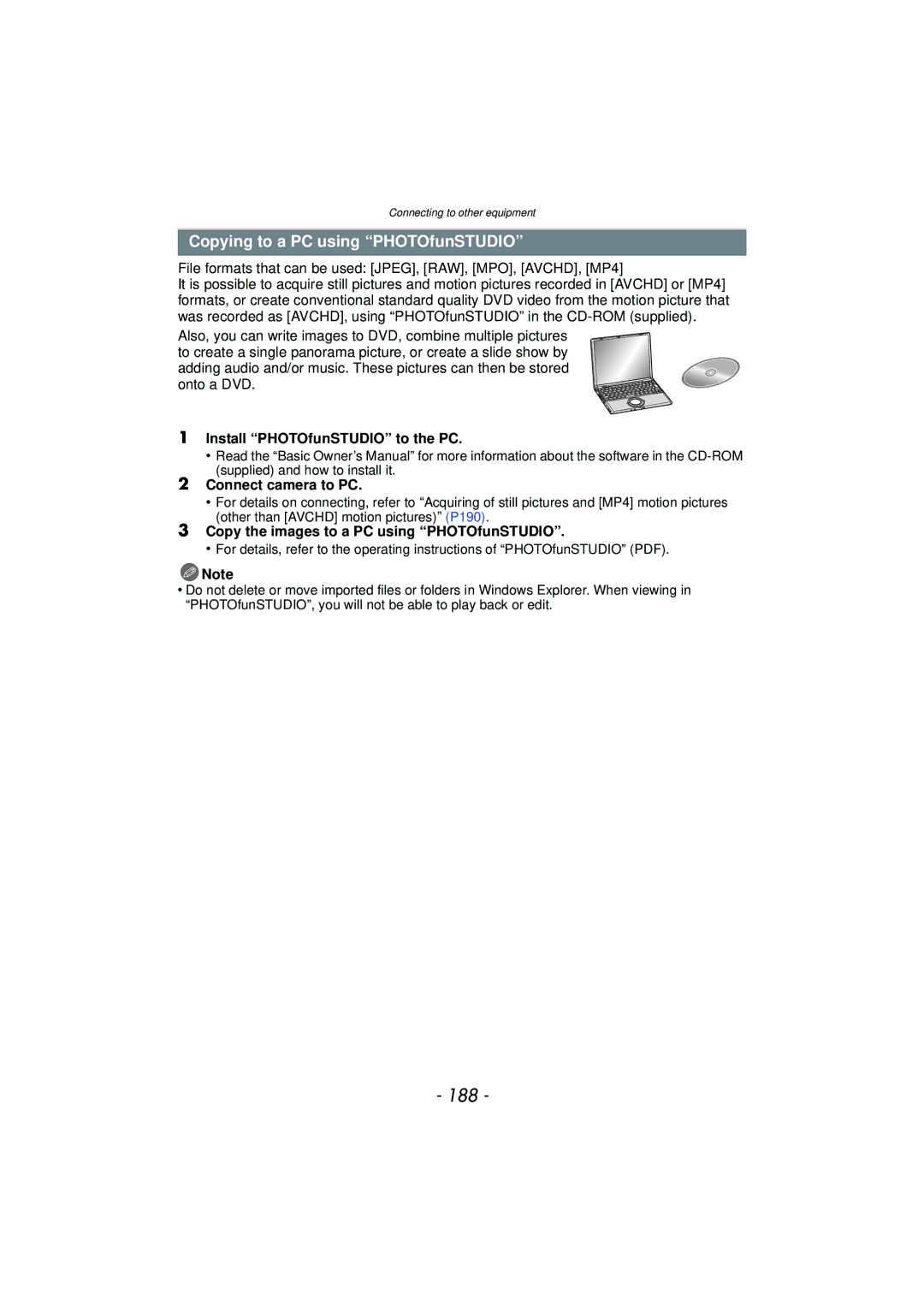 Panasonic DMC-GX1 188, Copying to a PC using PHOTOfunSTUDIO, Install PHOTOfunSTUDIO to the PC Connect camera to PC 