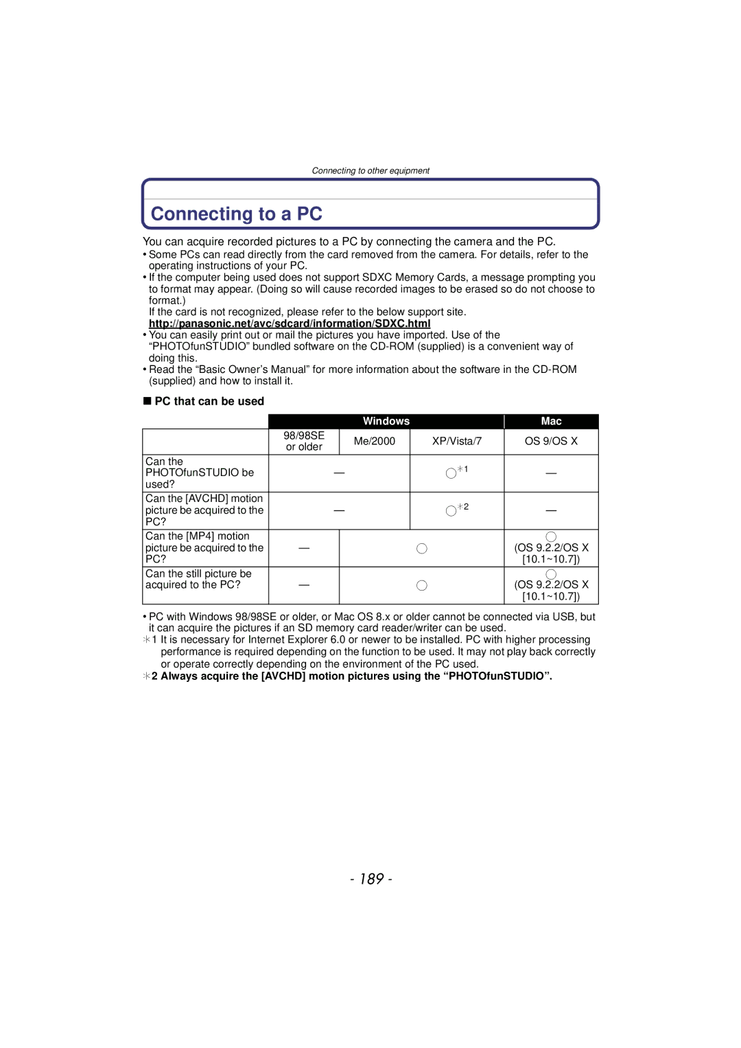 Panasonic DMCGX1SBODY, DMC-GX1, DMCGX1KBODY, DMCGX1XS owner manual Connecting to a PC, 189, PC that can be used 