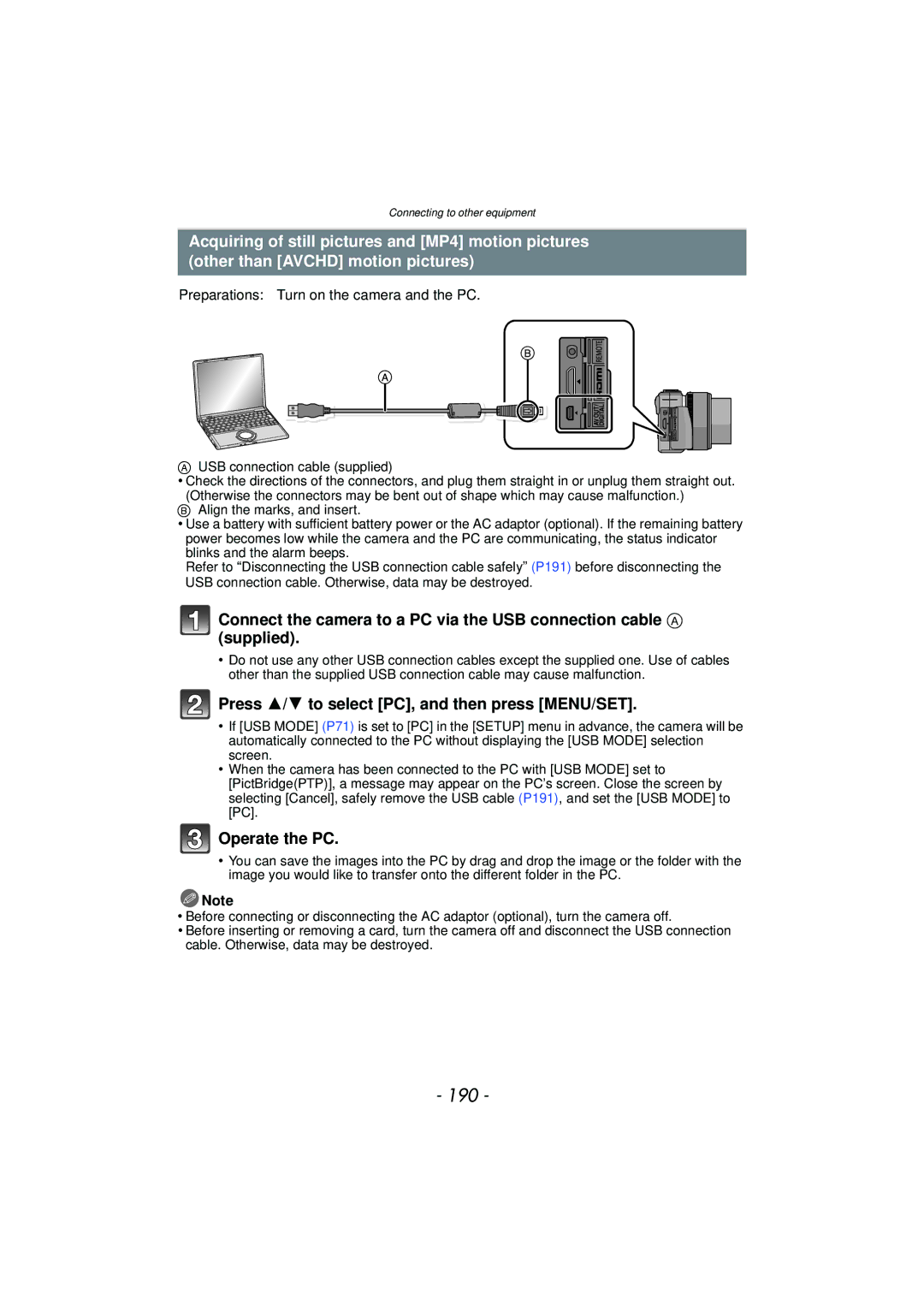 Panasonic DMCGX1KBODY, DMC-GX1, DMCGX1SBODY, DMCGX1XS 190, Press 3/4 to select PC, and then press MENU/SET, Operate the PC 