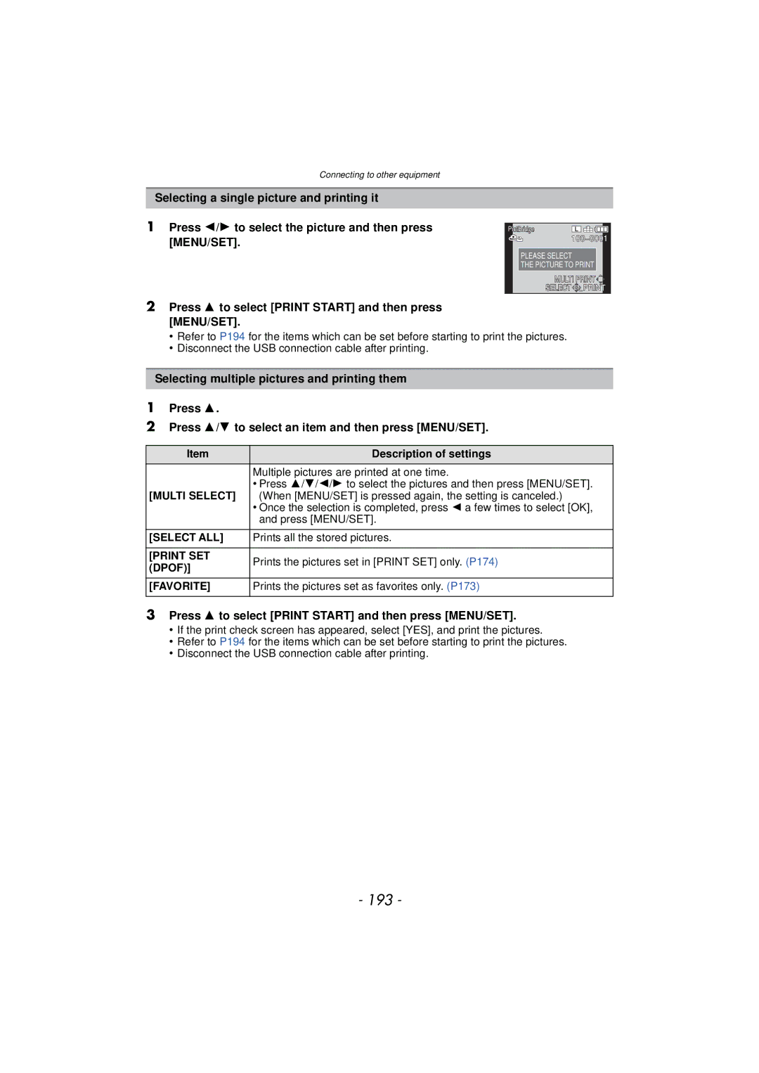 Panasonic DMCGX1SBODY, DMC-GX1, DMCGX1KBODY, DMCGX1XS owner manual 193, Press 3 to select Print Start and then press MENU/SET 