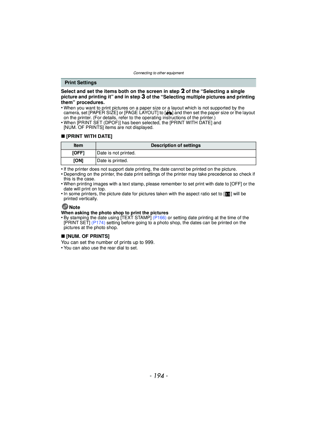 Panasonic DMCGX1KBODY, DMC-GX1, DMCGX1SBODY 194, Print with Date, NUM. of Prints, You can set the number of prints up to 