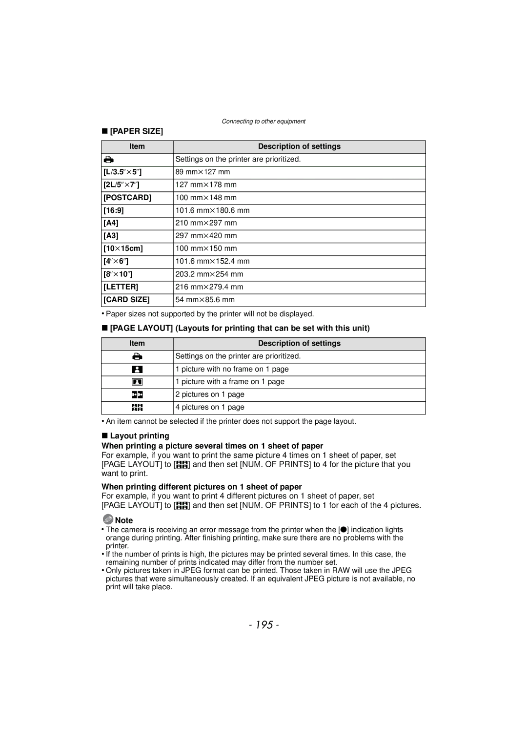 Panasonic DMCGX1XS, DMC-GX1, DMCGX1SBODY 195, Paper Size, Layout Layouts for printing that can be set with this unit 