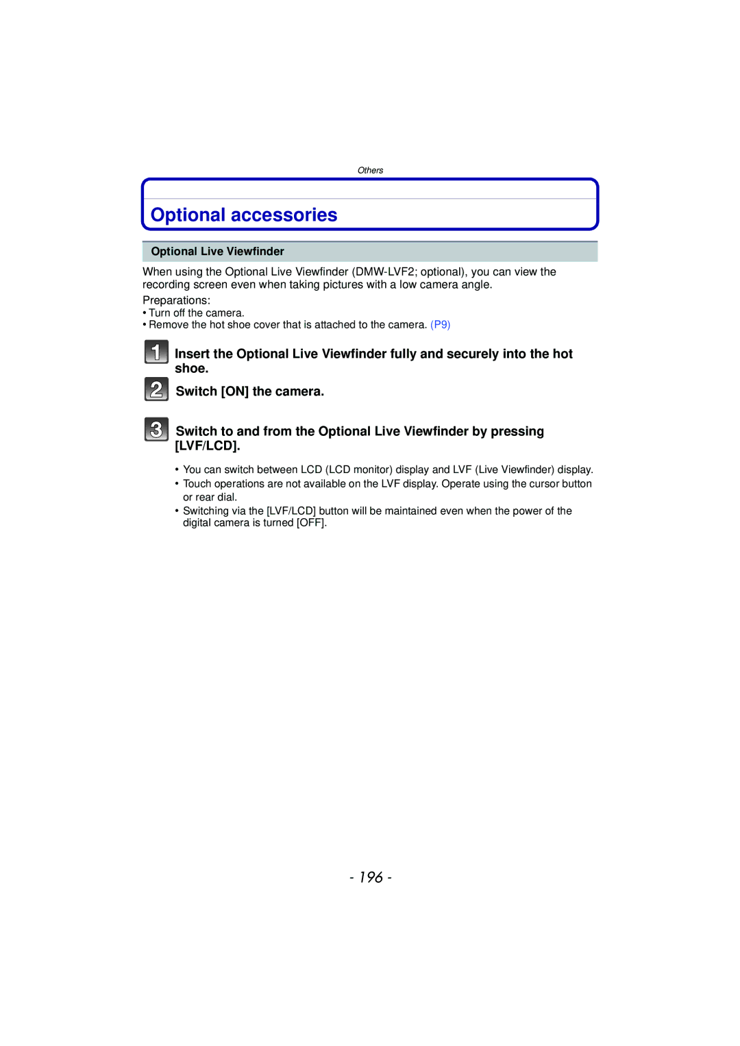 Panasonic DMC-GX1, DMCGX1SBODY, DMCGX1KBODY, DMCGX1XS owner manual Optional accessories, 196, Optional Live Viewfinder 