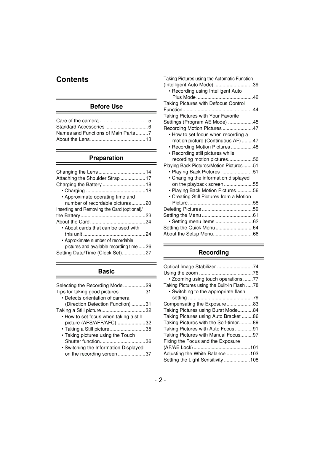 Panasonic DMCGX1KBODY, DMC-GX1, DMCGX1SBODY, DMCGX1XS owner manual Contents 