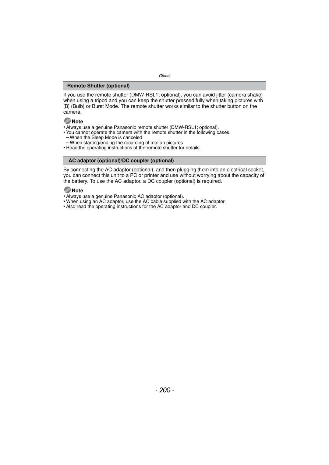 Panasonic DMC-GX1, DMCGX1SBODY, DMCGX1KBODY, DMCGX1XS 200, Remote Shutter optional, AC adaptor optional/DC coupler optional 