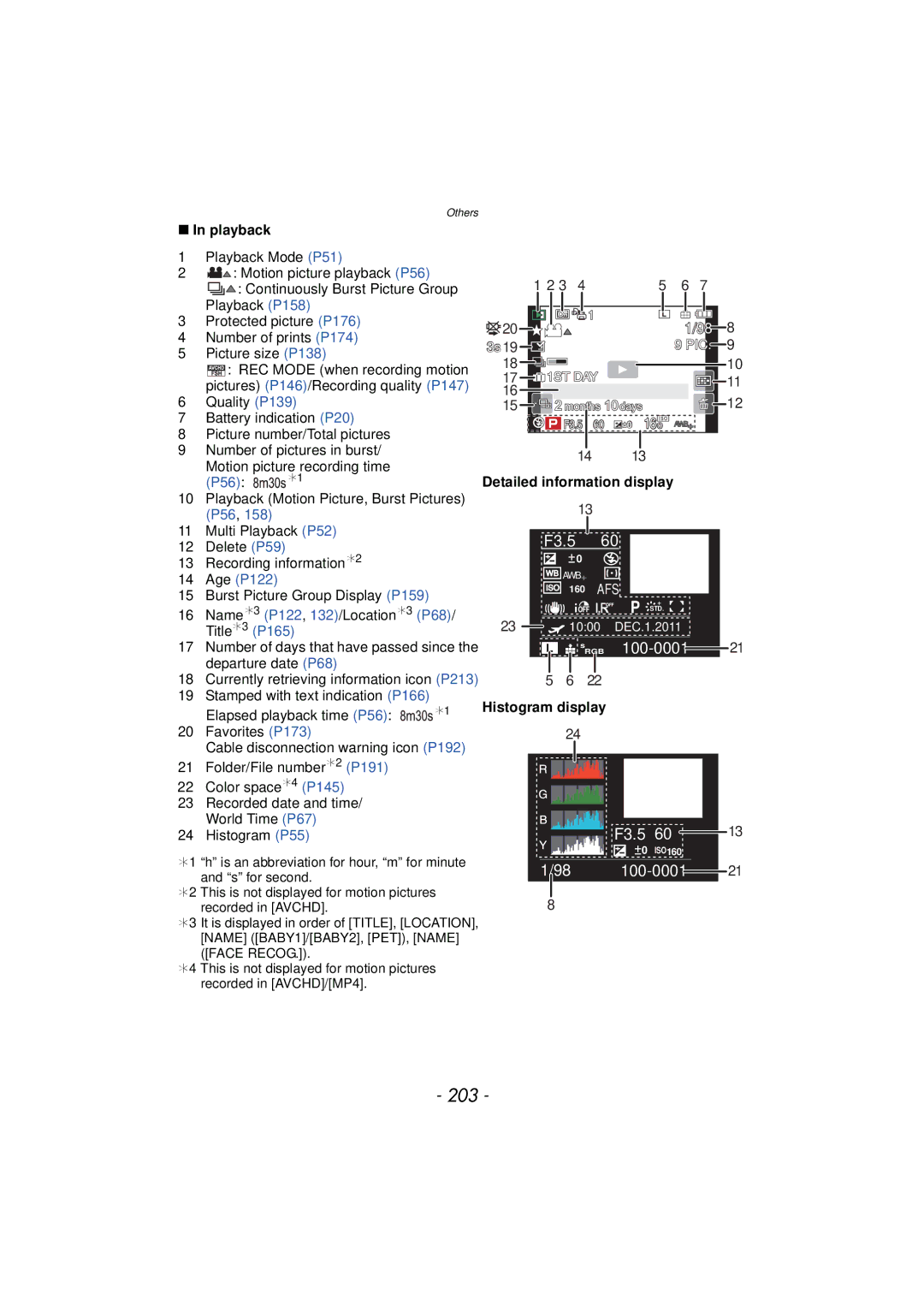 Panasonic DMCGX1XS, DMC-GX1, DMCGX1SBODY, DMCGX1KBODY 203, Playback, Detailed information display, Histogram display 