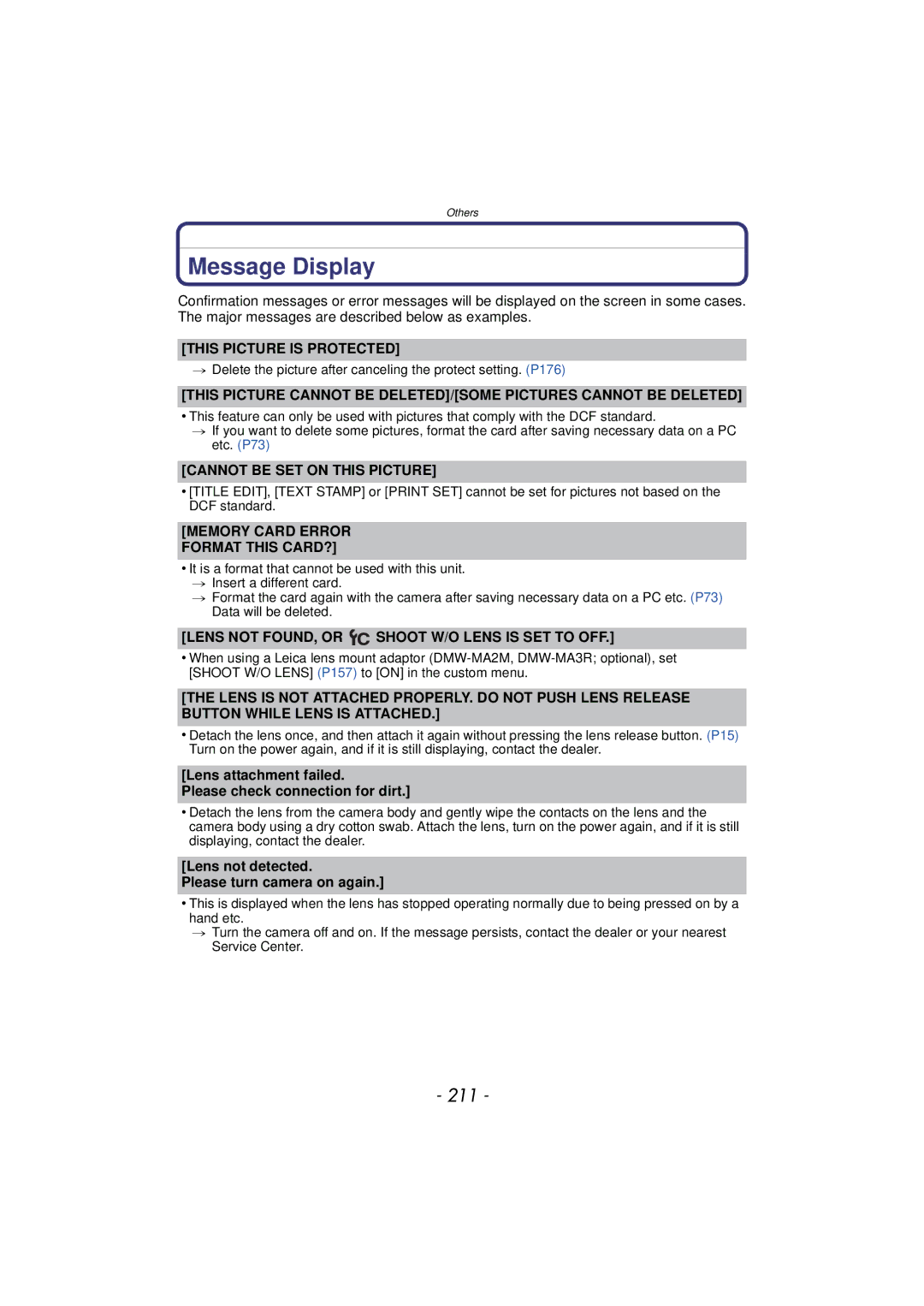 Panasonic DMCGX1XS, DMC-GX1, DMCGX1SBODY, DMCGX1KBODY owner manual Message Display, 211 