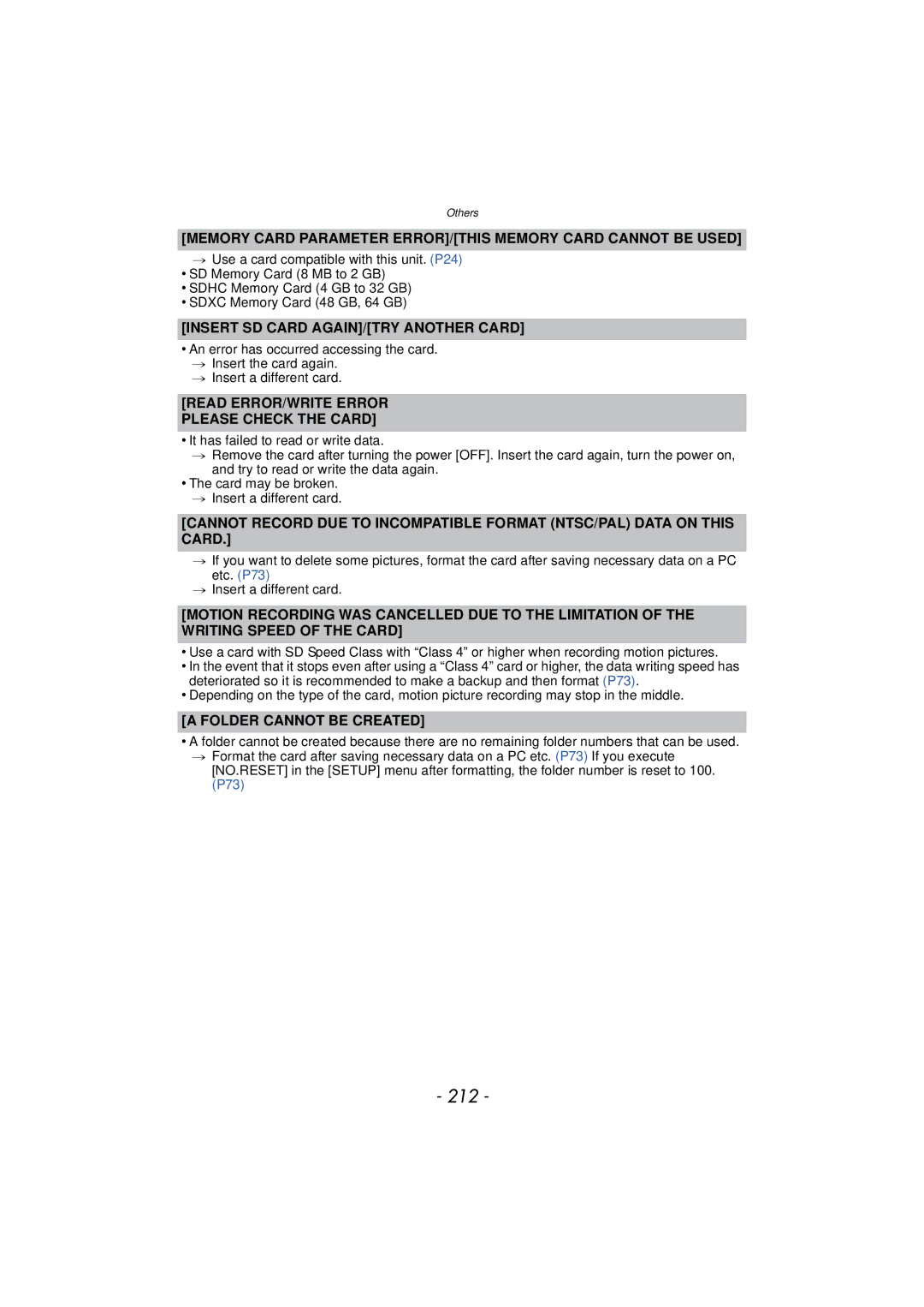 Panasonic DMC-GX1 212, Memory Card Parameter ERROR/THIS Memory Card Cannot be Used, Insert SD Card AGAIN/TRY Another Card 