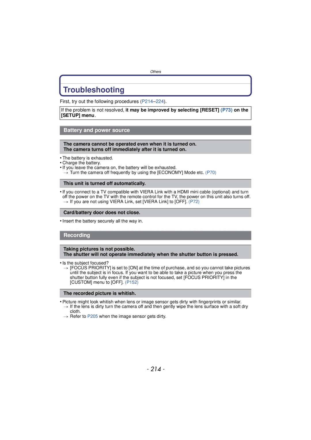 Panasonic DMCGX1KBODY, DMC-GX1, DMCGX1SBODY, DMCGX1XS owner manual Troubleshooting, 214, Battery and power source, Recording 