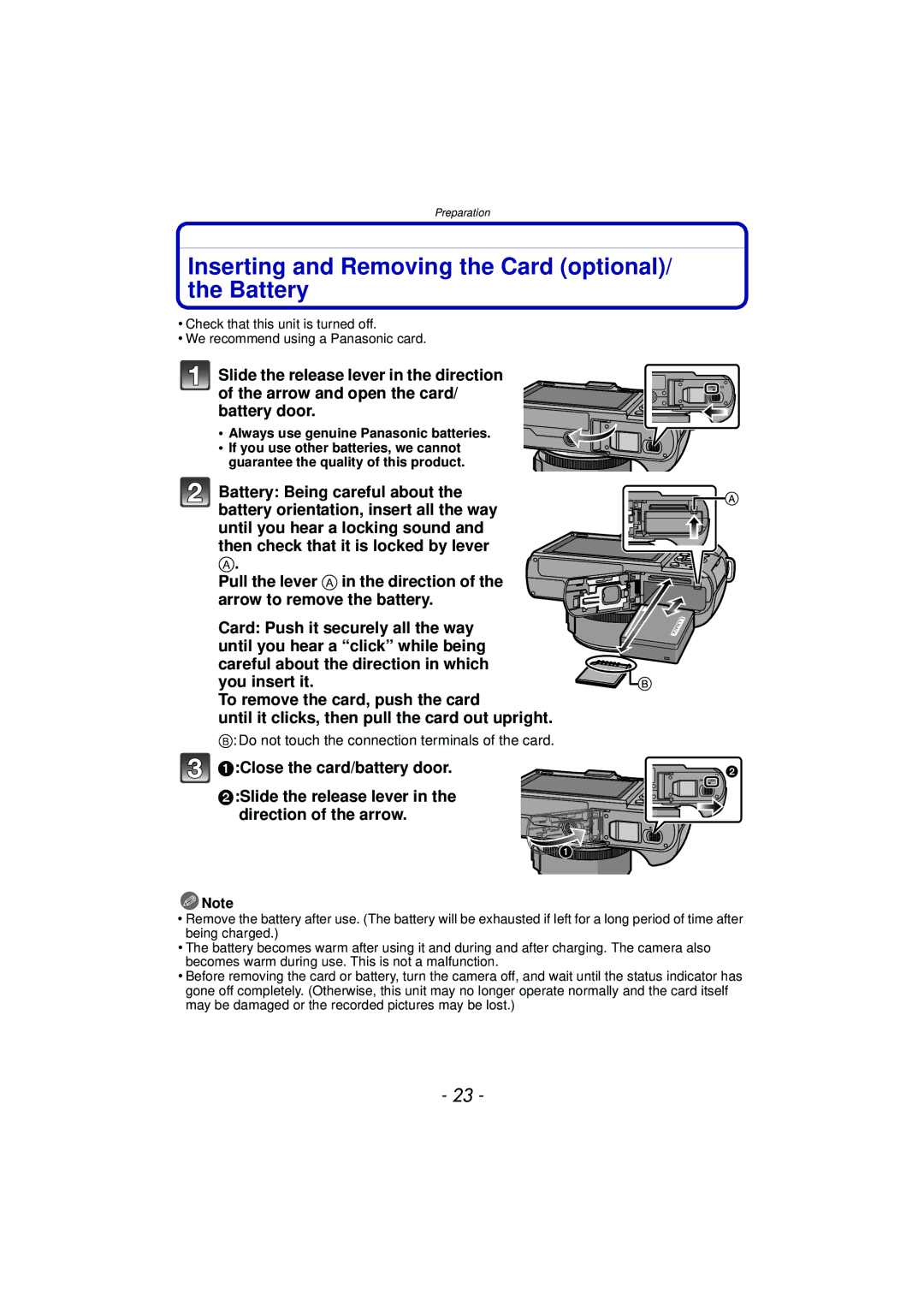 Panasonic DMCGX1XS, DMC-GX1, DMCGX1SBODY, DMCGX1KBODY owner manual Inserting and Removing the Card optional/ the Battery 