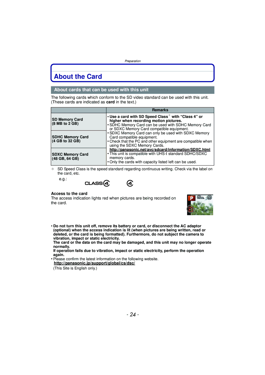 Panasonic DMC-GX1, DMCGX1SBODY, DMCGX1KBODY About the Card, About cards that can be used with this unit, Access to the card 