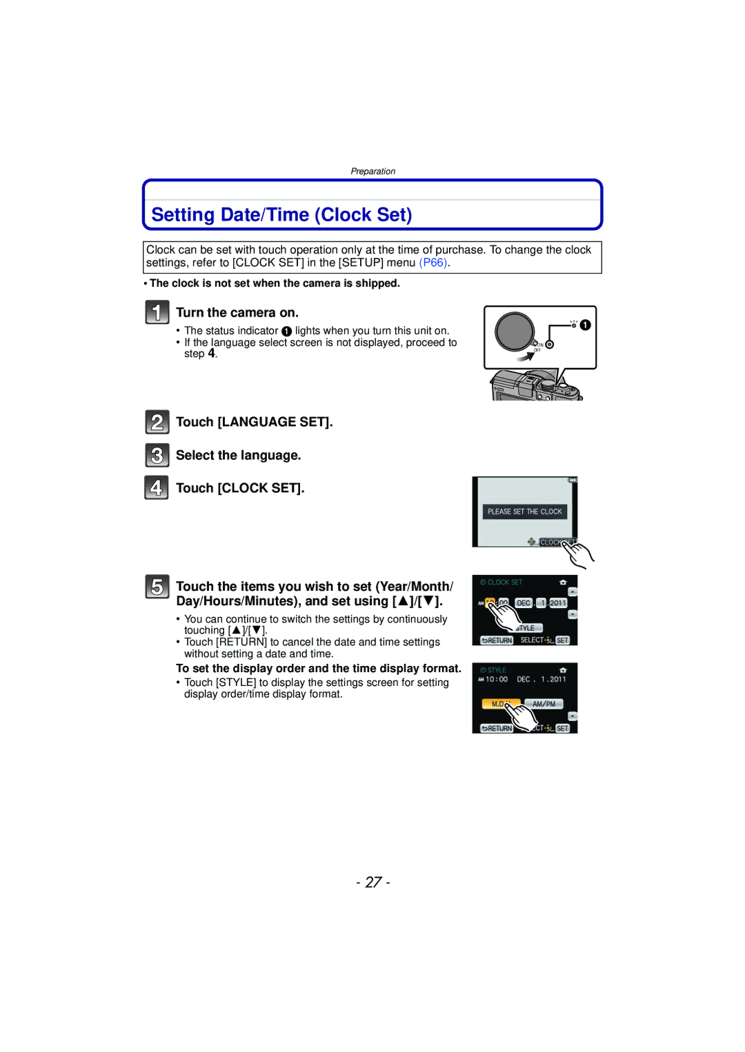 Panasonic DMCGX1XS Setting Date/Time Clock Set, Turn the camera on, To set the display order and the time display format 