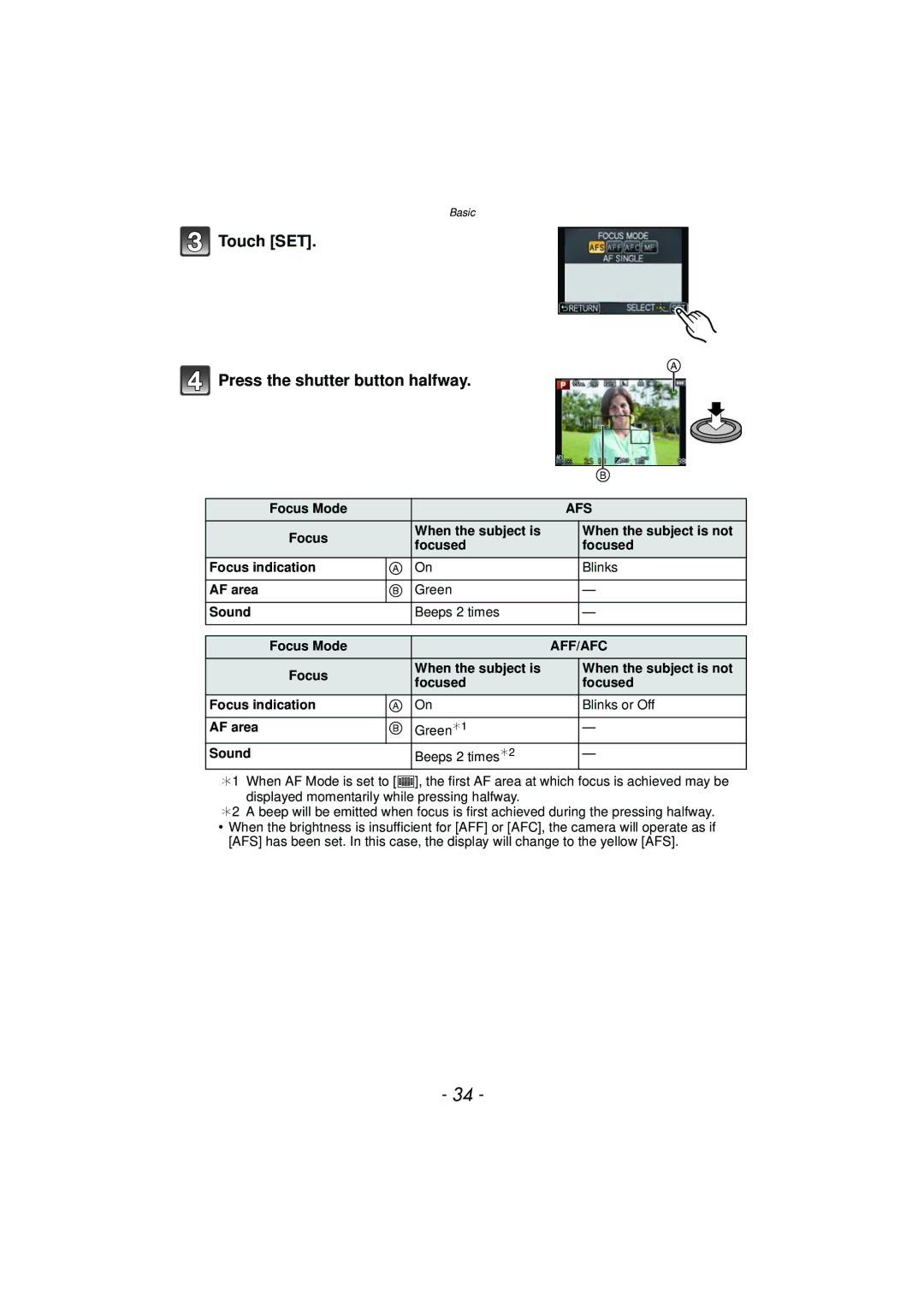 Panasonic DMCGX1KBODY, DMC-GX1, DMCGX1SBODY, DMCGX1XS owner manual Touch SET Press the shutter button halfway, Aff/Afc 