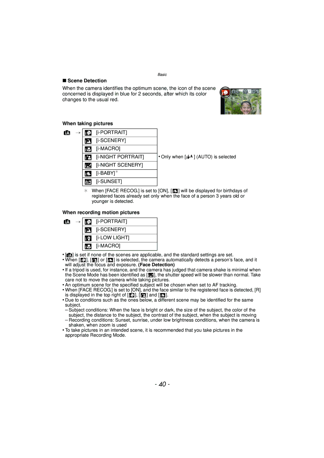 Panasonic DMC-GX1, DMCGX1SBODY, DMCGX1KBODY, DMCGX1XS Scene Detection, When taking pictures, When recording motion pictures 