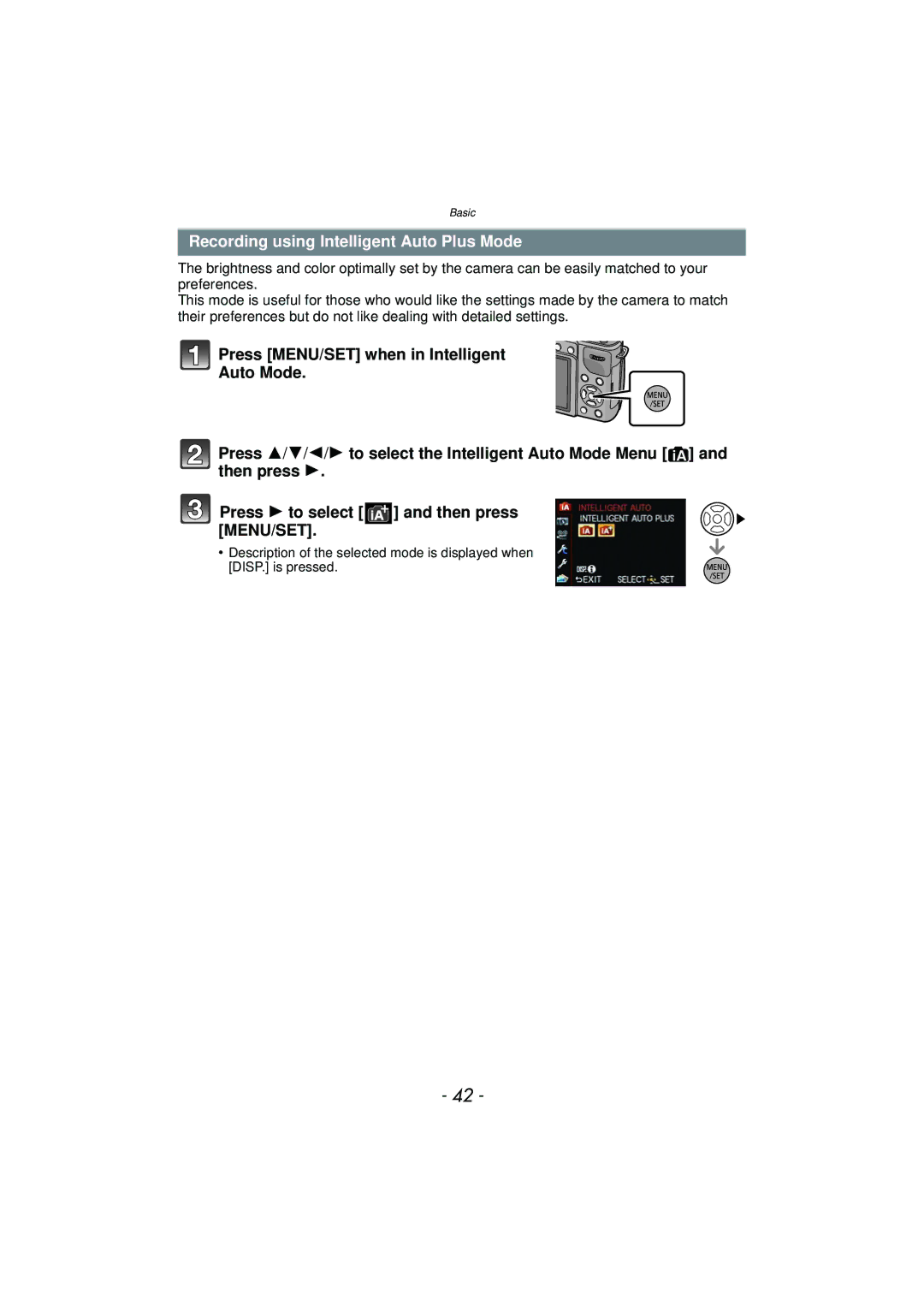 Panasonic DMCGX1KBODY, DMC-GX1, DMCGX1SBODY, DMCGX1XS owner manual Recording using Intelligent Auto Plus Mode 