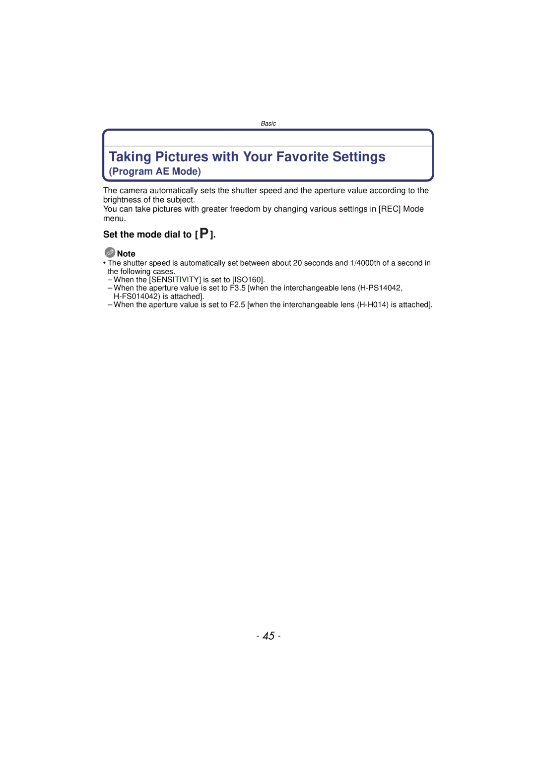 Panasonic DMCGX1SBODY, DMC-GX1, DMCGX1KBODY, DMCGX1XS Taking Pictures with Your Favorite Settings, Set the mode dial to 