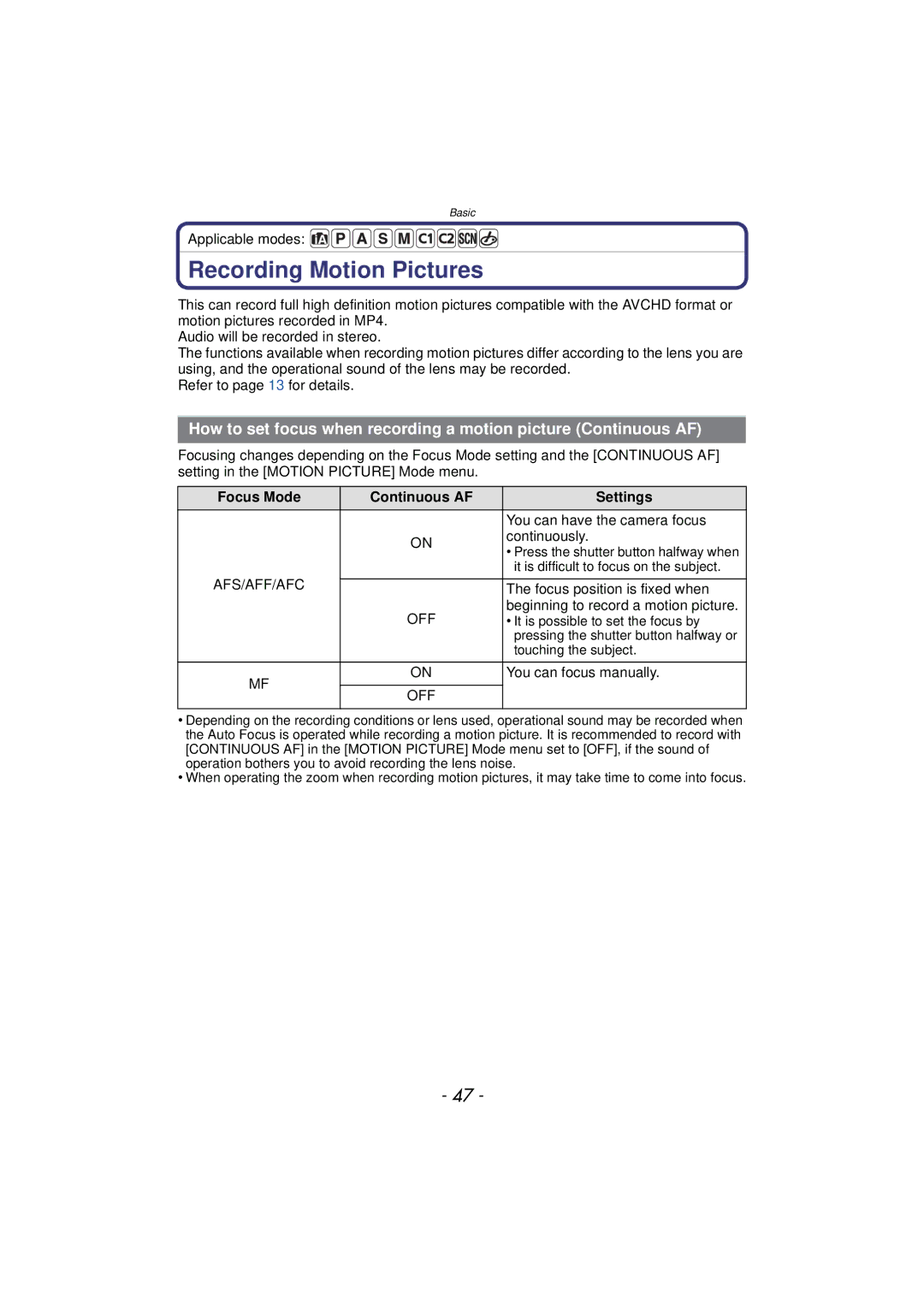 Panasonic DMCGX1XS, DMC-GX1, DMCGX1SBODY, DMCGX1KBODY Recording Motion Pictures, Focus Mode Continuous AF Settings 