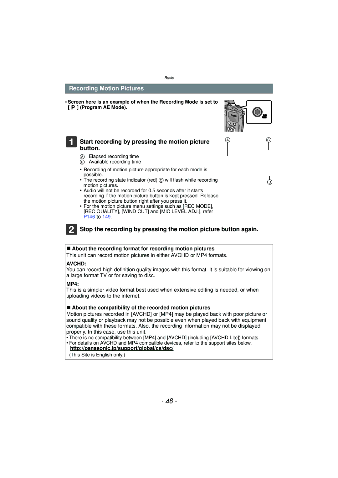 Panasonic DMC-GX1, DMCGX1SBODY Recording Motion Pictures, Start recording by pressing the motion picture Button, Avchd 