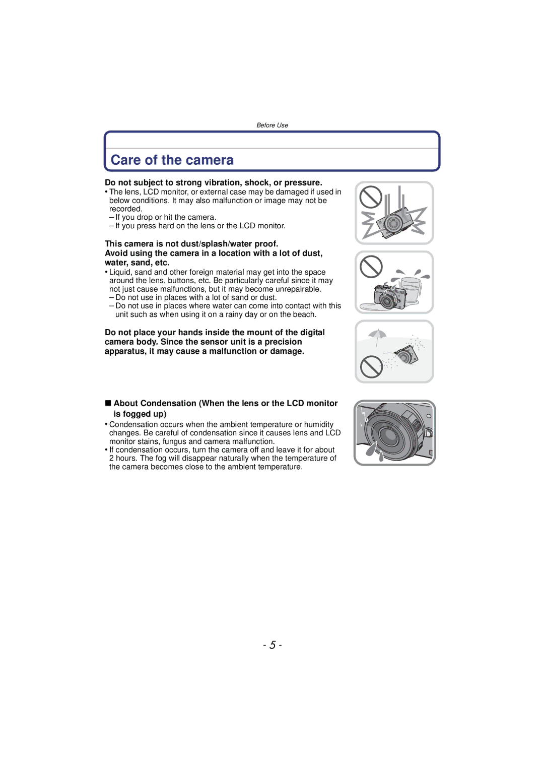 Panasonic DMCGX1SBODY, DMC-GX1, DMCGX1KBODY Care of the camera, Do not subject to strong vibration, shock, or pressure 