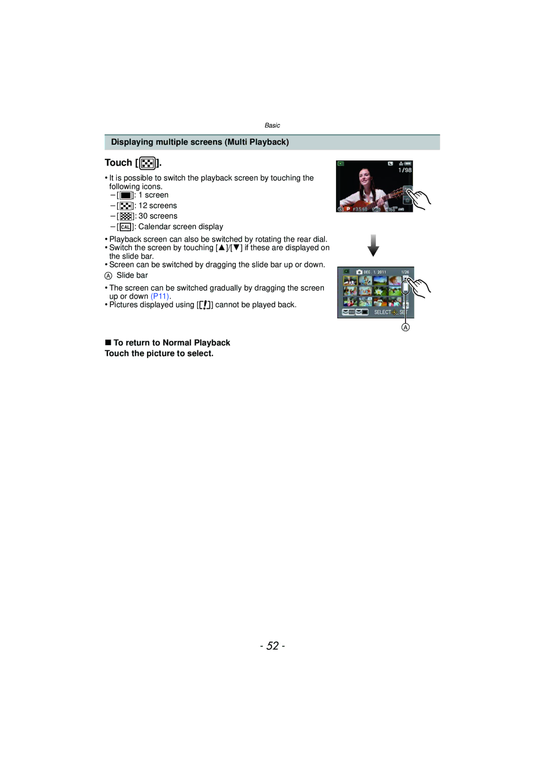 Panasonic DMC-GX1, DMCGX1SBODY, DMCGX1KBODY, DMCGX1XS owner manual Touch, Displaying multiple screens Multi Playback 