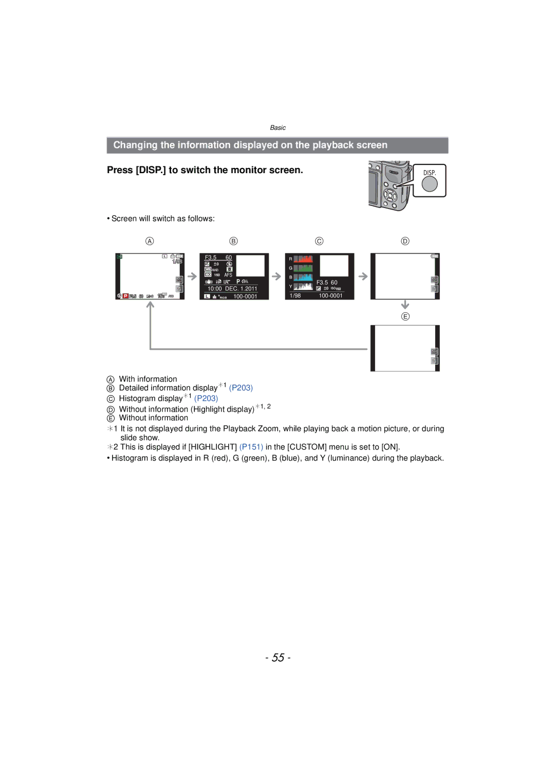 Panasonic DMCGX1XS Changing the information displayed on the playback screen, Press DISP. to switch the monitor screen 