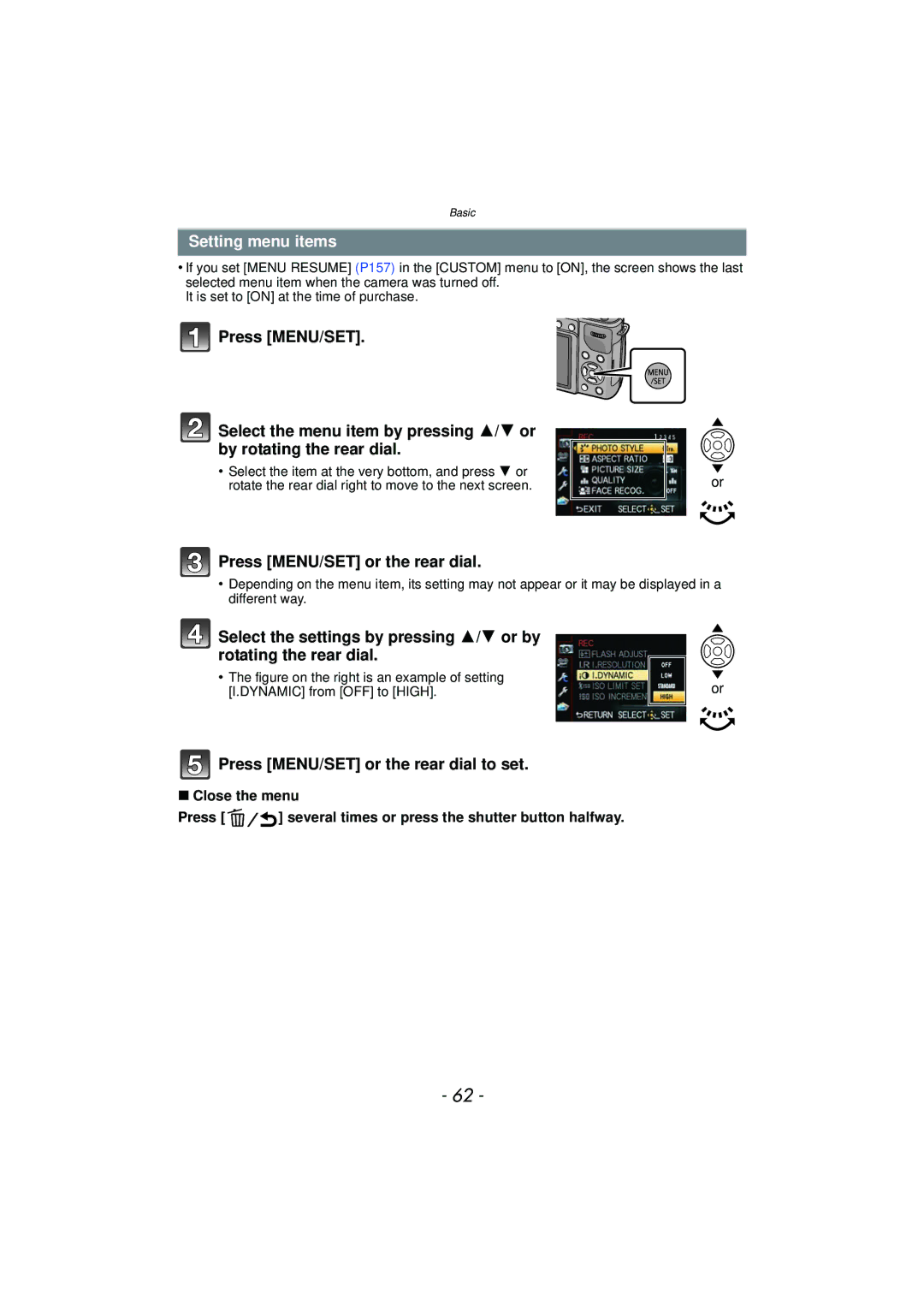 Panasonic DMCGX1KBODY, DMC-GX1, DMCGX1SBODY, DMCGX1XS Setting menu items, Press MENU/SET or the rear dial to set 