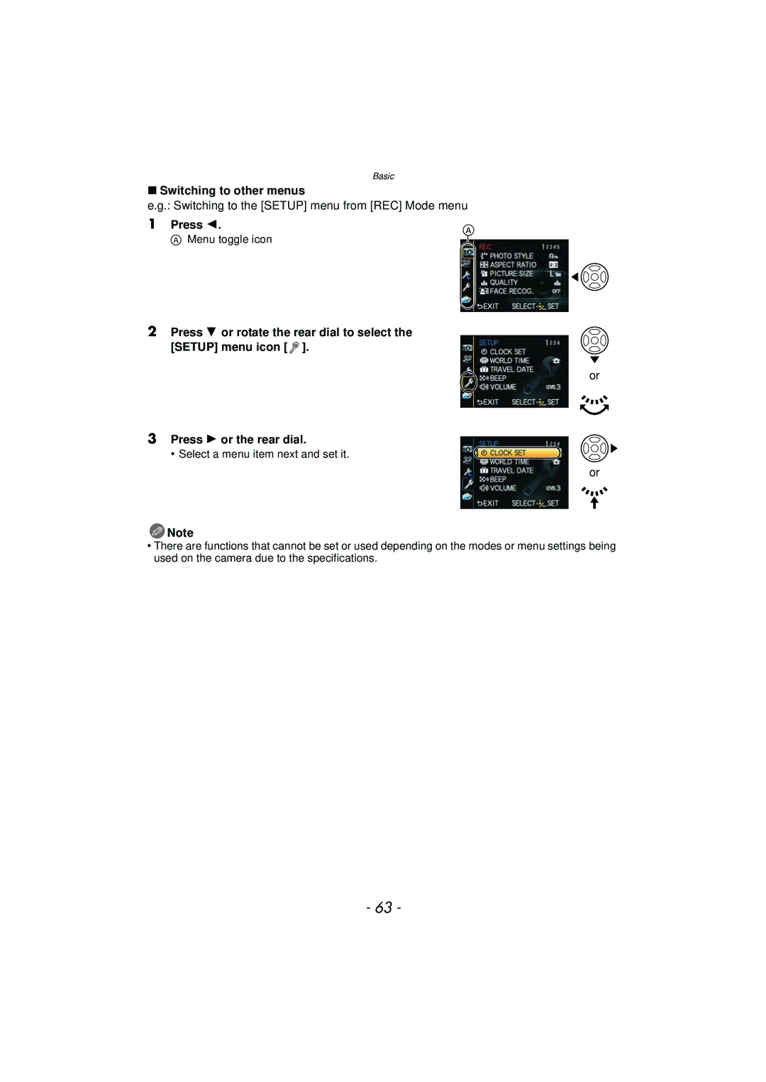 Panasonic DMCGX1XS, DMC-GX1 Switching to other menus, Switching to the Setup menu from REC Mode menu, Menu toggle icon 