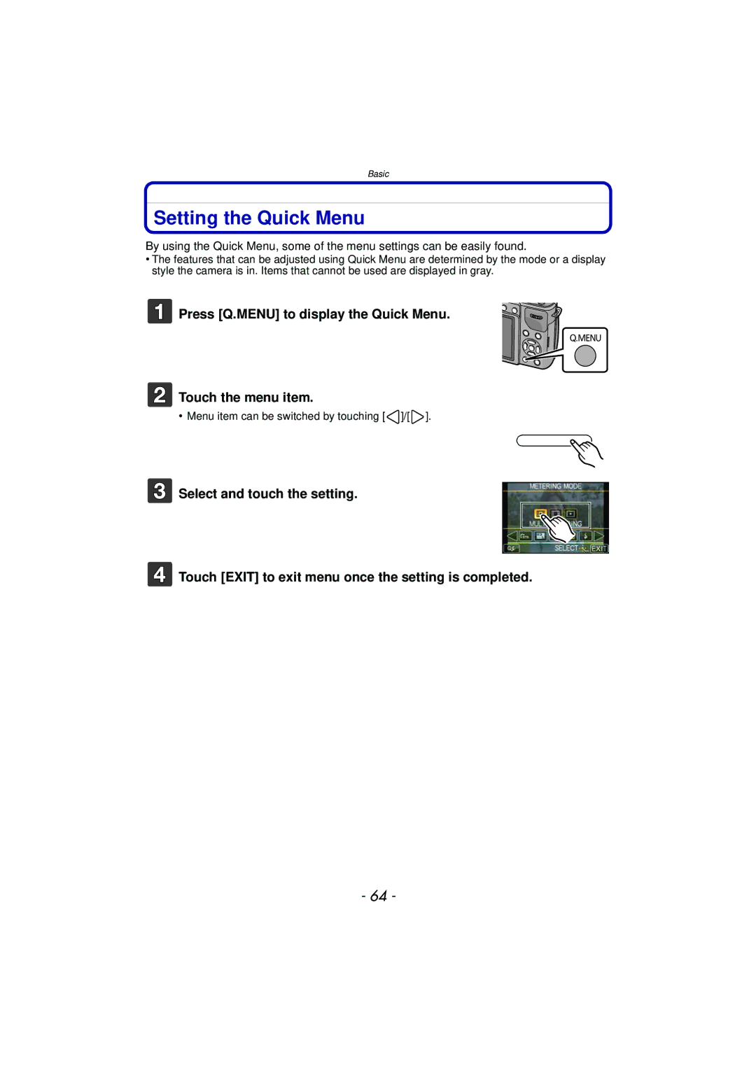 Panasonic DMC-GX1, DMCGX1SBODY Setting the Quick Menu, Press Q.MENU to display the Quick Menu, Touch the menu item 