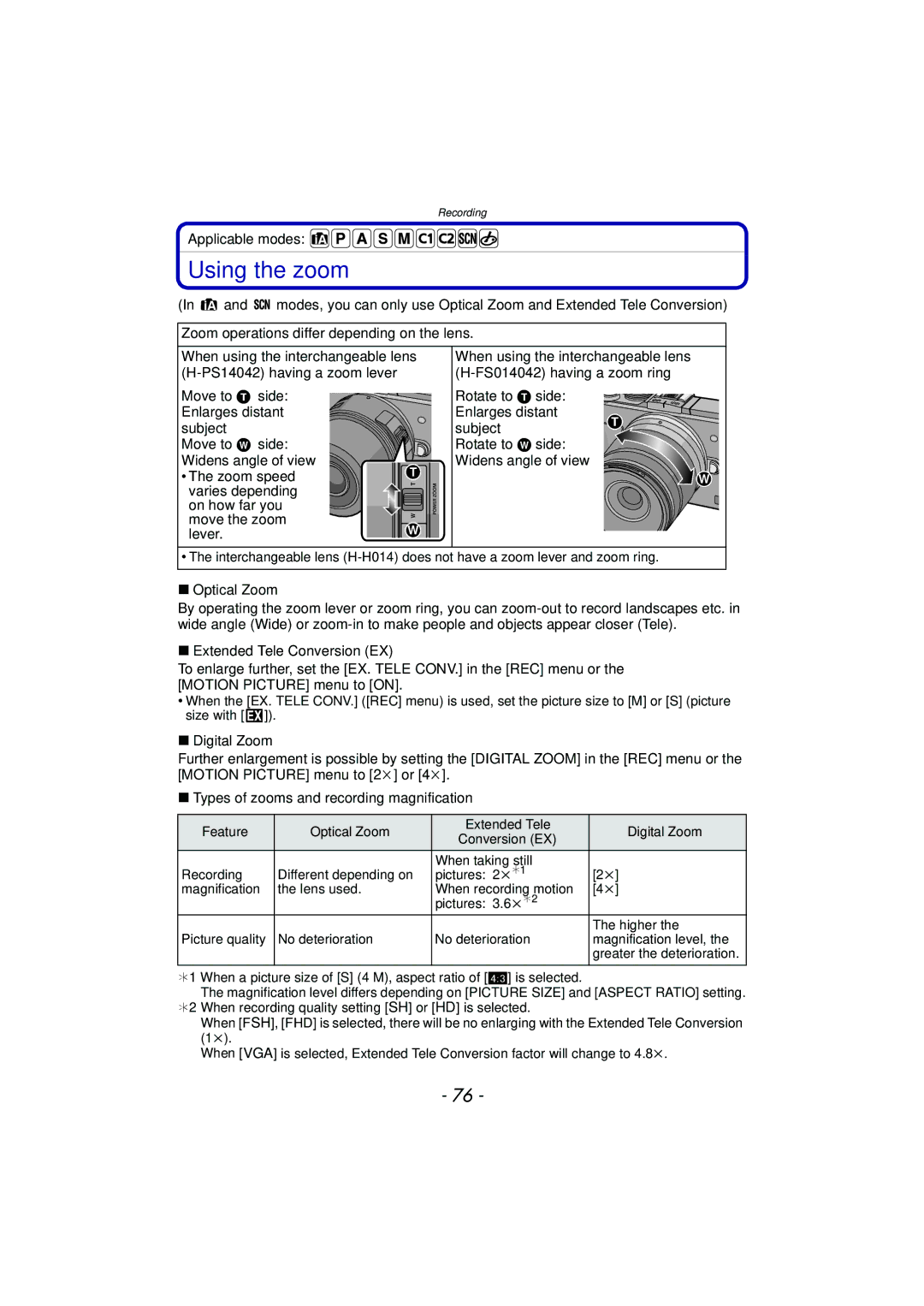 Panasonic DMC-GX1, DMCGX1SBODY, DMCGX1KBODY, DMCGX1XS owner manual Using the zoom 