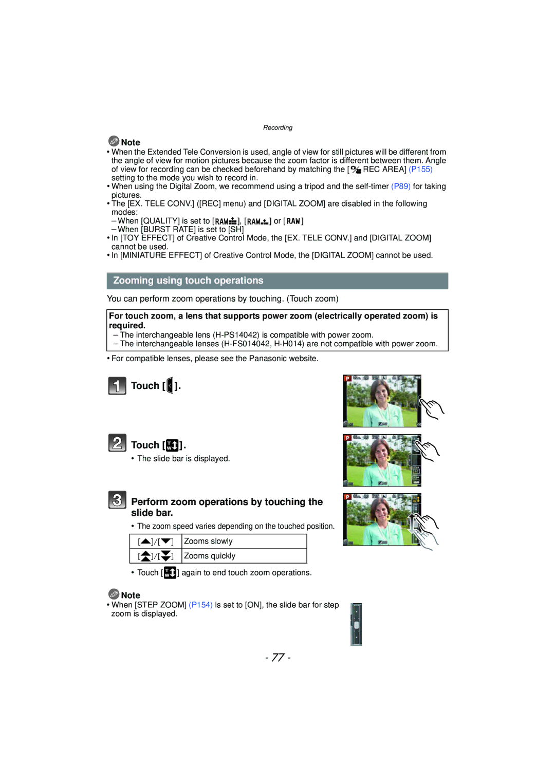 Panasonic DMCGX1SBODY, DMC-GX1, DMCGX1XS Zooming using touch operations, Perform zoom operations by touching the slide bar 