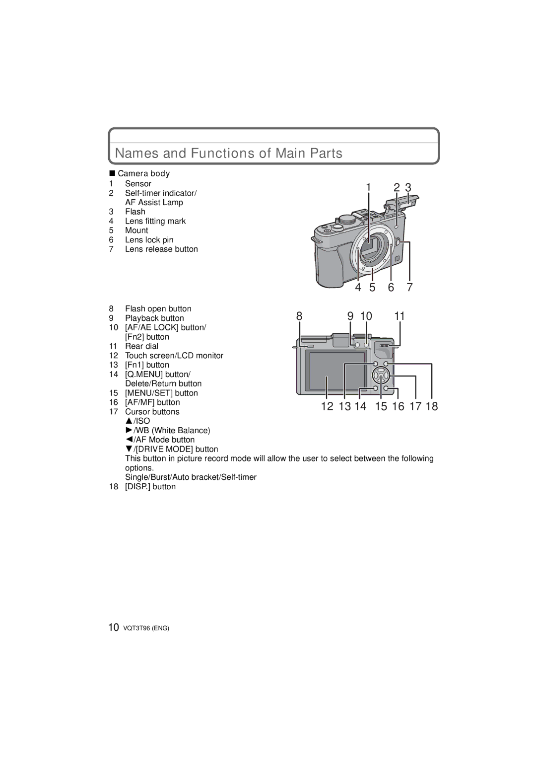 Panasonic DMC-GX1X, DMC-GX1K, DMCGX1XK owner manual Names and Functions of Main Parts, Camera body, Cursor buttons 