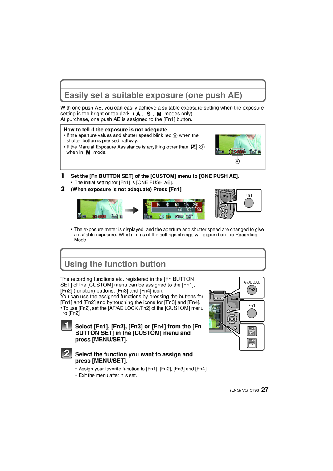 Panasonic DMC-GX1K, DMC-GX1X, DMCGX1XK owner manual Easily set a suitable exposure one push AE, Using the function button 