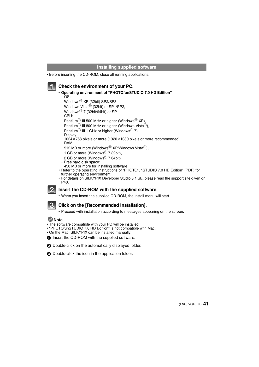 Panasonic DMCGX1XK Installing supplied software, Check the environment of your PC, Click on the Recommended Installation 