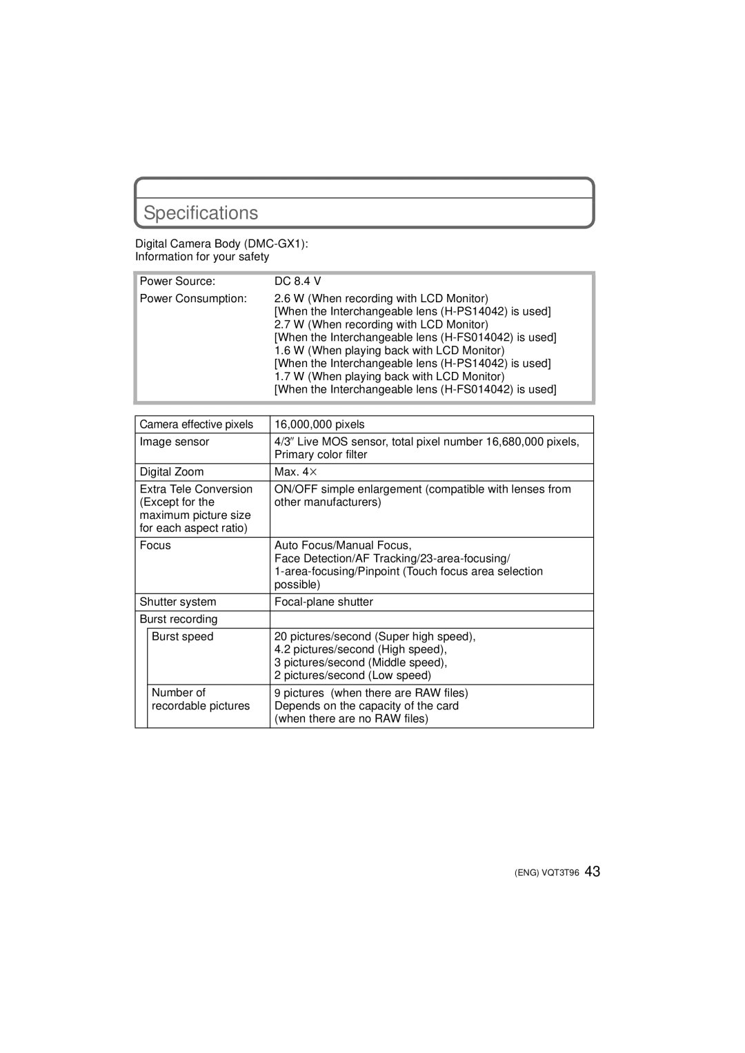 Panasonic DMC-GX1X, DMC-GX1K, DMCGX1XK owner manual Specifications 