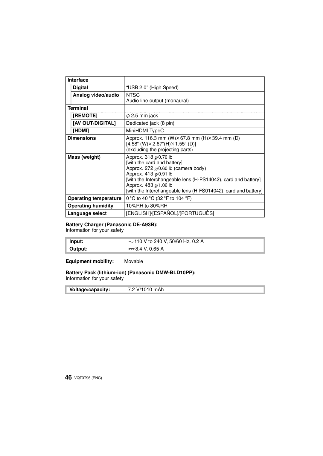 Panasonic DMC-GX1X Interface Digital, Analog video/audio, Terminal, Dimensions, Mass weight, Operating humidity, Input 