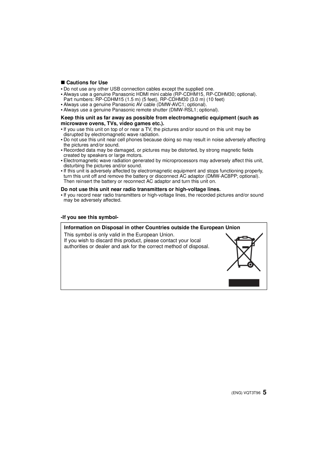 Panasonic DMCGX1XK, DMC-GX1K, DMC-GX1X owner manual This symbol is only valid in the European Union 