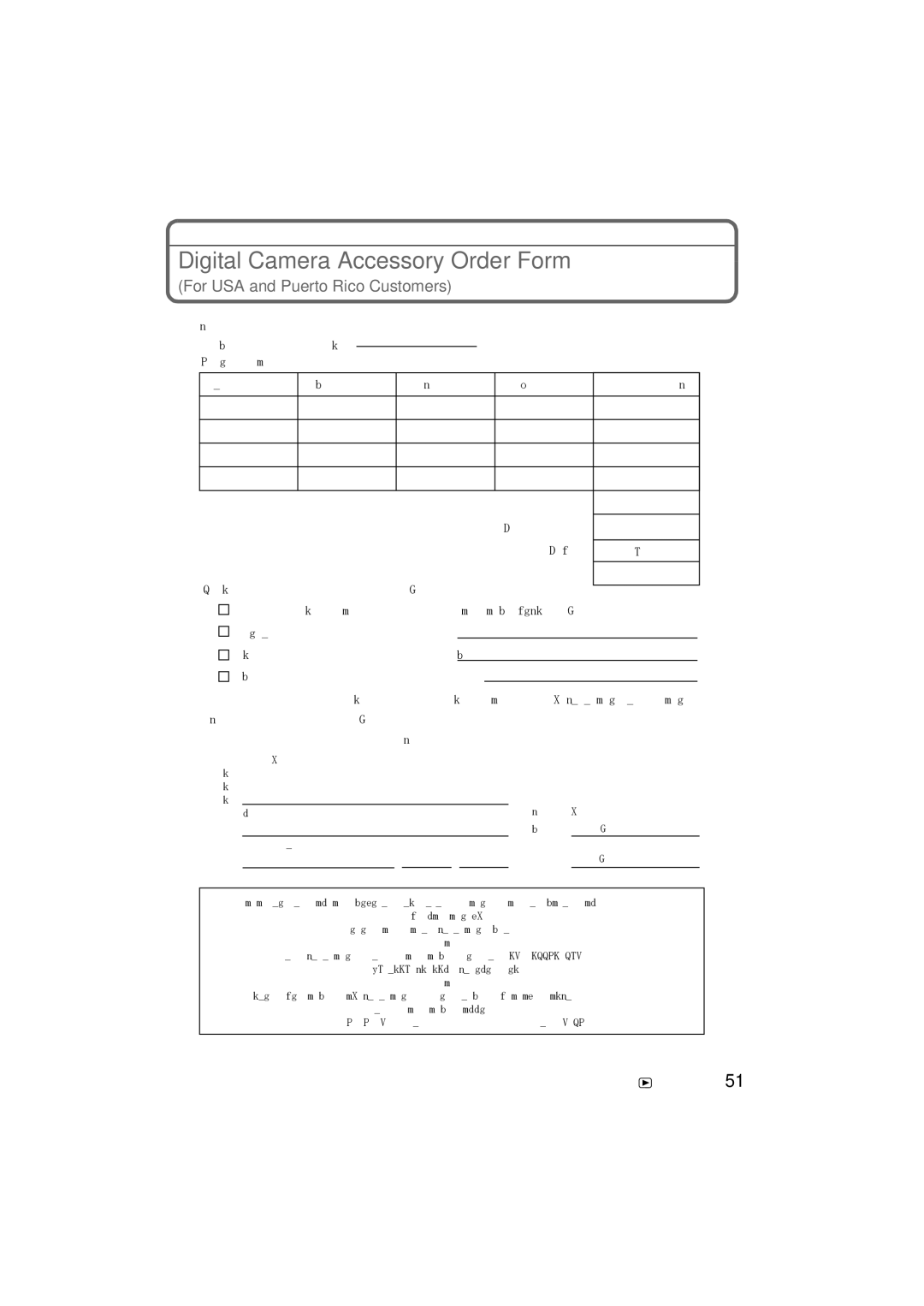 Panasonic DMC-GX1K, DMC-GX1X, DMCGX1XK owner manual Digital Camera Accessory Order Form, For USA and Puerto Rico Customers 