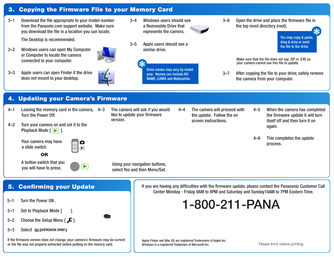 Panasonic DMCGX1KS Copying the Firmware File to your Memory Card, Updating your Camera’s Firmware, Confirming your Update 