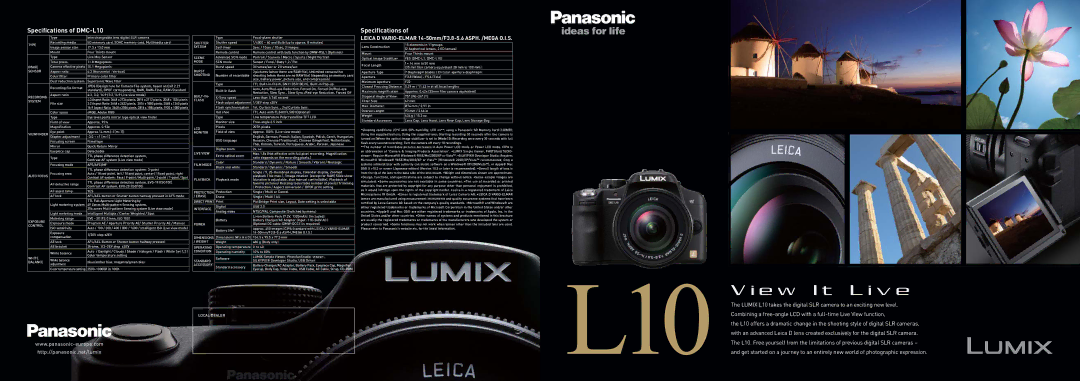 Panasonic specifications Speciﬁcations of DMC-L10, Specifications 