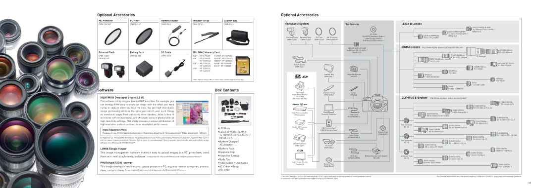 Panasonic DMC-L1 specifications Optional Accessories, Software, Box Contents 