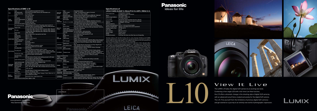 Panasonic specifications Speciﬁcations of DMC-L10, Specifications of, V i e w I t L i v e, http//panasonic.net/lumix 