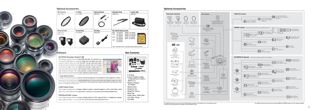Panasonic DMC-L1 Optional Accessories, Software, Box Contents, Panasonic System, SIGMA Lenses, LUMIX Simple Viewer 